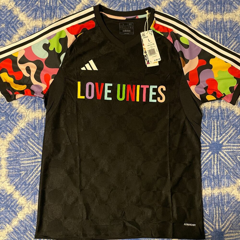 NWT Mens Adidas Love Unites Black AEROREADY Soccer Jersey L Large Tiro Slim